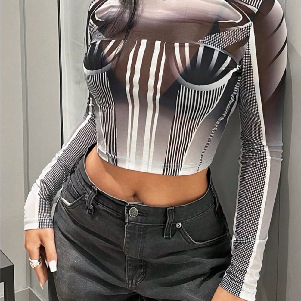 SHEIN Round Neck Long Sleeve Ultra Sheer Bra Print Mesh Stylish Top Without Bra